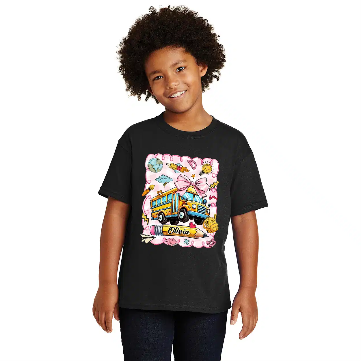 Custom Name Back to School Shirt – Personalized First Day of School Tee – Cute Girl School Shirt with Bus & Pencil – Checkered Back to School Shirt