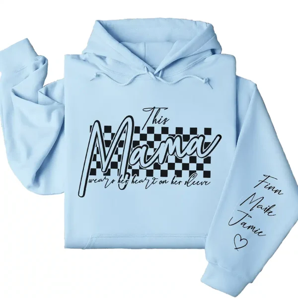 Retro This Mama Wears Her Heart on Her Sleeve Hoodie – Custom Checkered Heart Design with Kids’ Names, Personalized Mother’s Day Gift for Mom - Image 2
