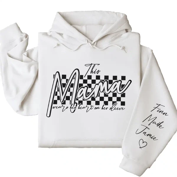 Retro This Mama Wears Her Heart on Her Sleeve Hoodie – Custom Checkered Heart Design with Kids’ Names, Personalized Mother’s Day Gift for Mom - Image 3