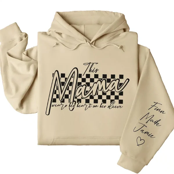 Retro This Mama Wears Her Heart on Her Sleeve Hoodie – Custom Checkered Heart Design with Kids’ Names, Personalized Mother’s Day Gift for Mom - Image 4