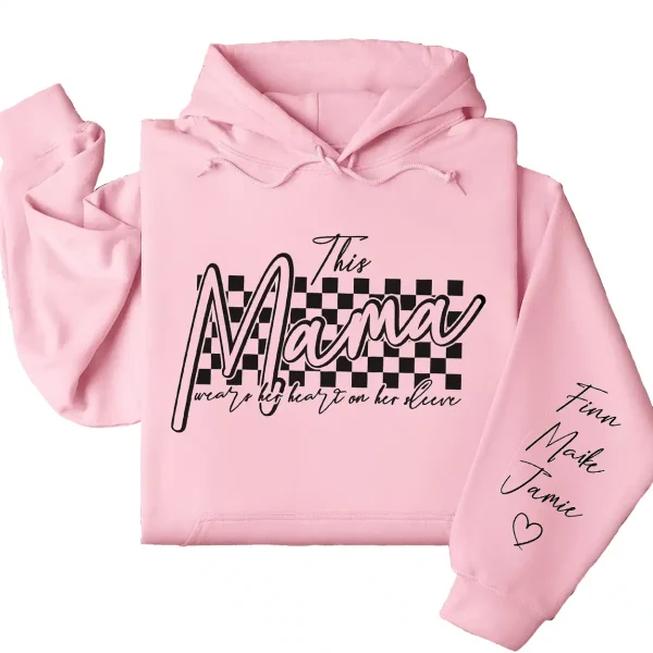 Retro This Mama Wears Her Heart on Her Sleeve Hoodie – Custom Checkered Heart Design with Kids’ Names, Personalized Mother’s Day Gift for Mom - Image 5