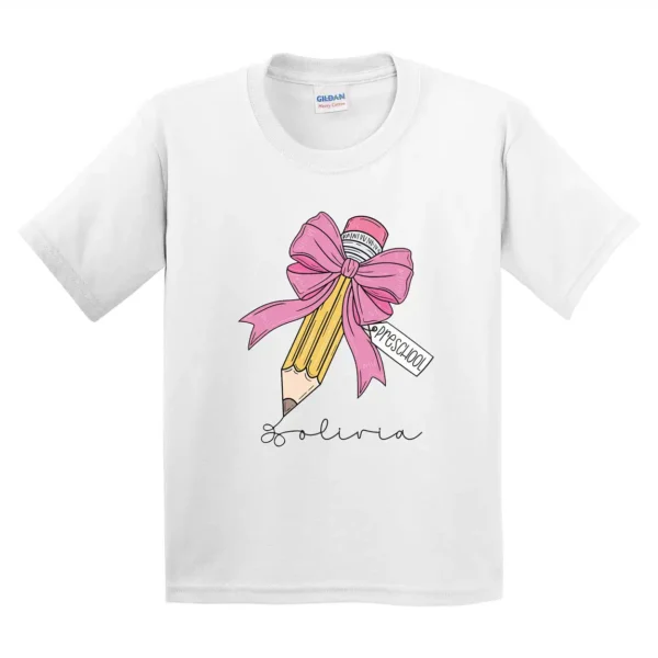 Girls Back to School Kids Shirt – Personalized First Day of School Tee – Custom Name Preschool Tee – Minimalist Pencil & Bow Toddler T-shirt - Image 2