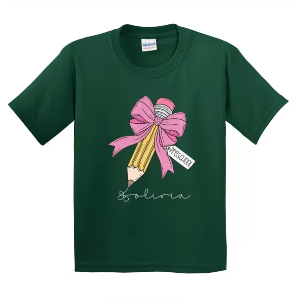 Girls Back to School Kids Shirt – Personalized First Day of School Tee – Custom Name Preschool Tee – Minimalist Pencil & Bow Toddler T-shirt - Image 3
