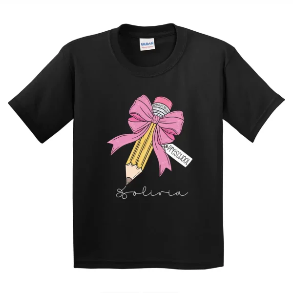 Girls Back to School Kids Shirt – Personalized First Day of School Tee – Custom Name Preschool Tee – Minimalist Pencil & Bow Toddler T-shirt - Image 4
