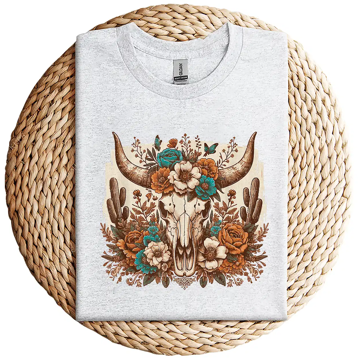 Western Boho Cow Bull Skull T-Shirt – Wild West Floral Graphic Tee – Country Style Vintage Shirt – Rodeo Cowgirl Southwestern Design