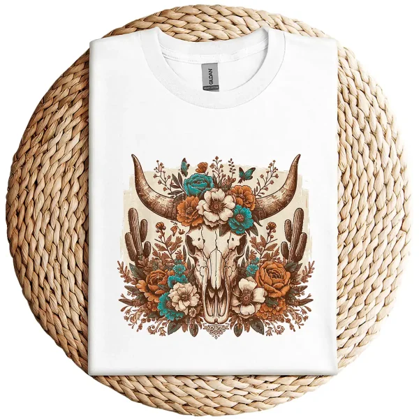 Western Boho Cow Bull Skull T-Shirt – Wild West Floral Graphic Tee – Country Style Vintage Shirt – Rodeo Cowgirl Southwestern Design - Image 2