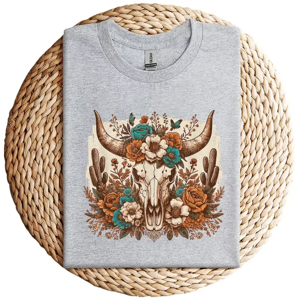 Western Boho Cow Bull Skull T-Shirt – Wild West Floral Graphic Tee – Country Style Vintage Shirt – Rodeo Cowgirl Southwestern Design - Image 4
