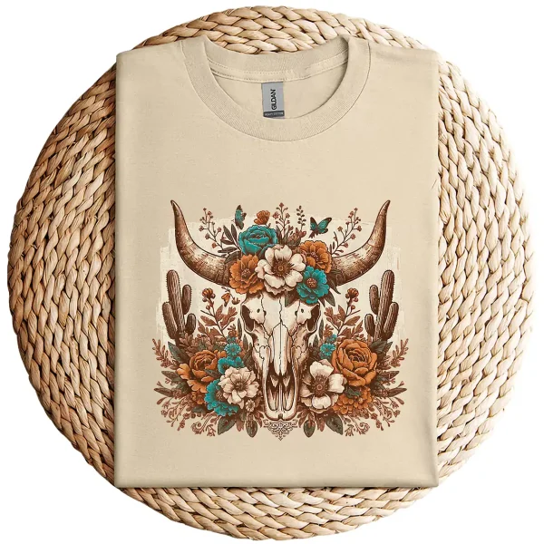 Western Boho Cow Bull Skull T-Shirt – Wild West Floral Graphic Tee – Country Style Vintage Shirt – Rodeo Cowgirl Southwestern Design - Image 3
