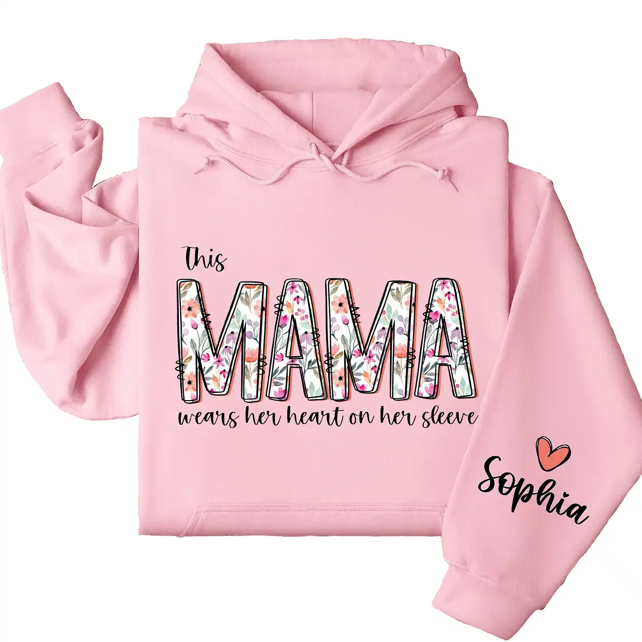 This Mama Wears Her Heart On Her Sleeve Hoodie – Personalized Mom Hoodie with Kids’ Names, Mother's Day Gift