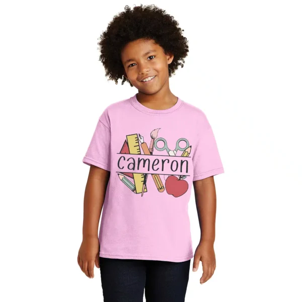 Personalized Back to School Shirt for Kids – Custom Name Monogram Raglan Tee – Cute School Supplies Collage Design - Image 2