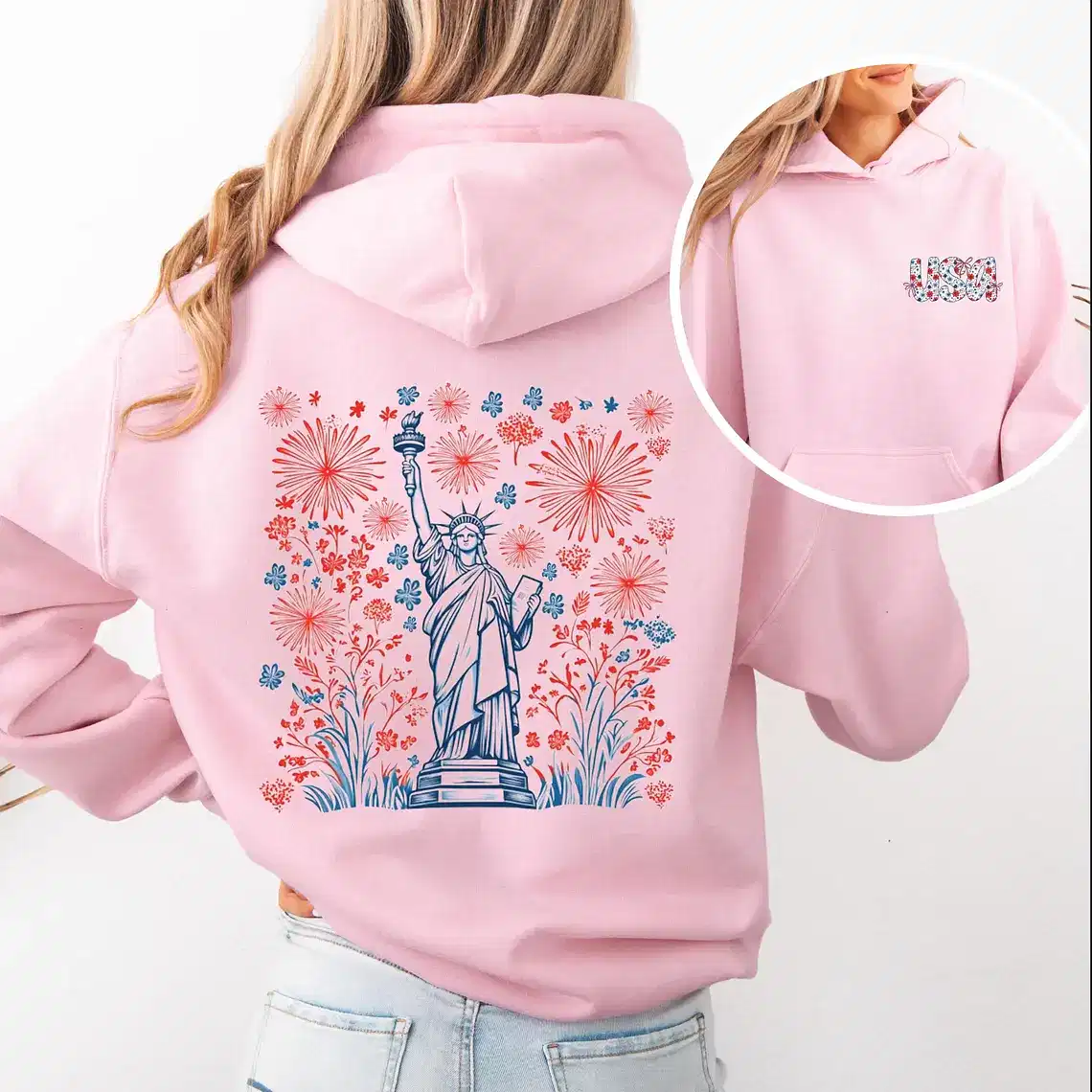 American Girly 4th of July Hoodie – Patriotic Statue of Liberty Hoody Sweatshirt, Flag of America Graphic, Independence Day Pullover