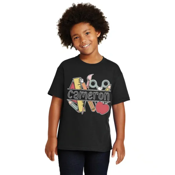 Personalized Back to School Shirt for Kids – Custom Name Monogram Raglan Tee – Cute School Supplies Collage Design - Image 3