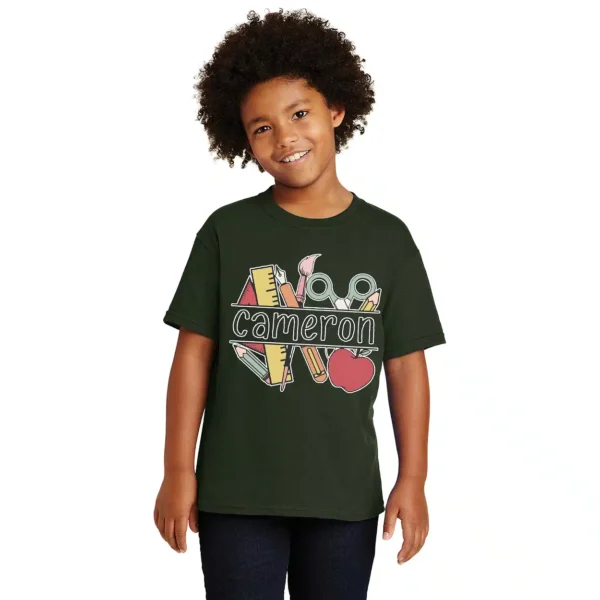 Personalized Back to School Shirt for Kids – Custom Name Monogram Raglan Tee – Cute School Supplies Collage Design - Image 4