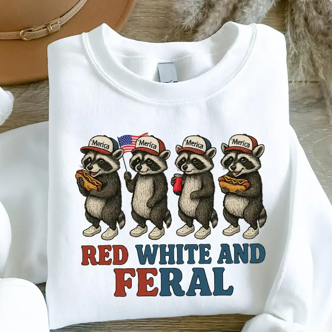 Preppy Red White and Feral Raccoon 4th of July Sweatshirt – Funny Patriotic Animal Sweater, Cute Raccoon Independence Day Outfit for America