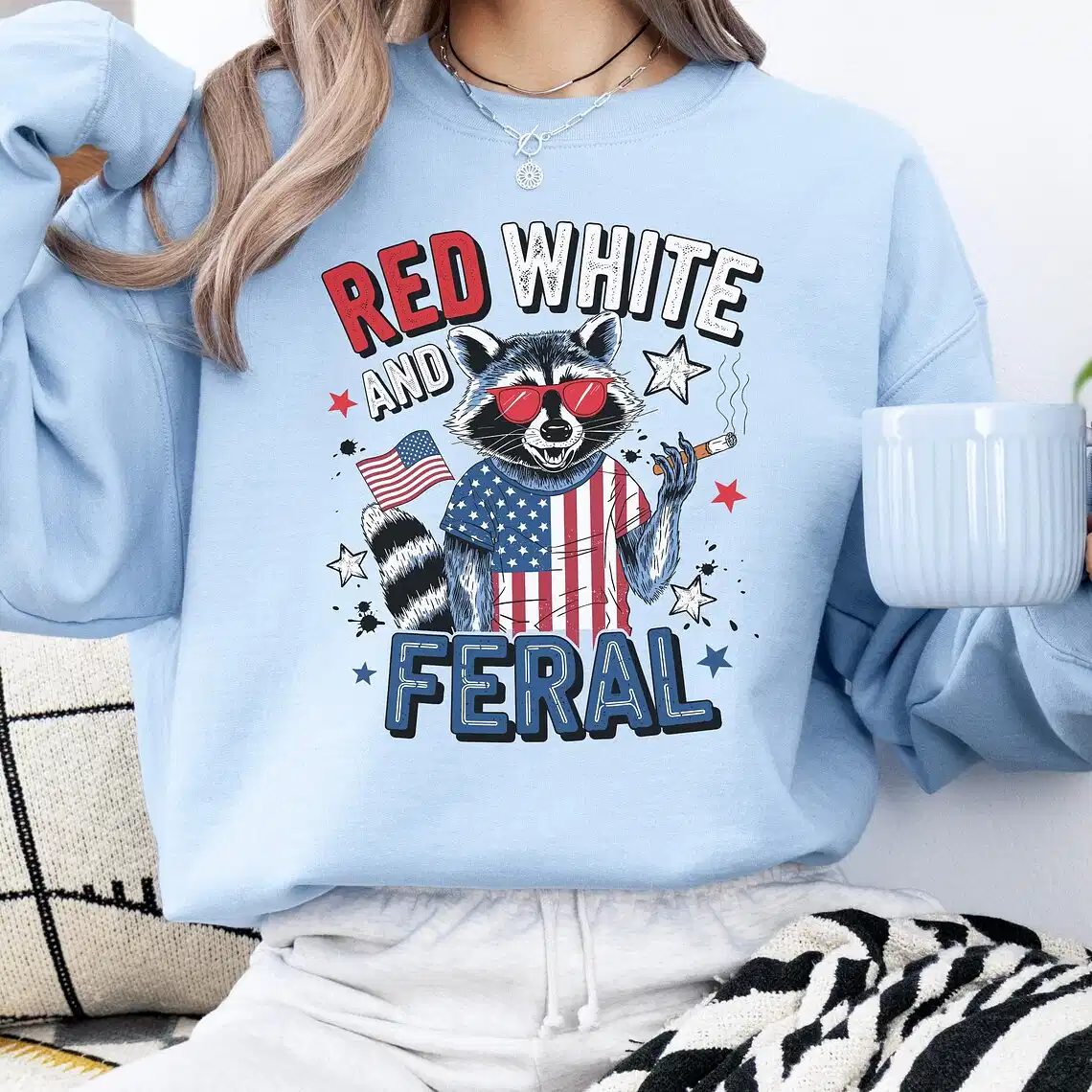 Red White and Feral Raccoon Unisex Sweatshirt – Funny 4th of July Hotdog Shirt, Patriotic USA Raccoon Tee, Feral and Free Independence Day Outfit
