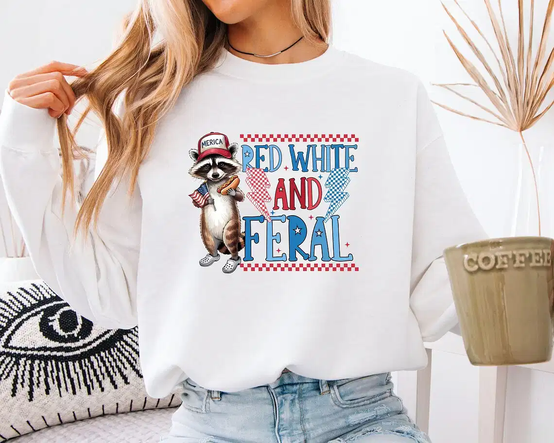 Red White and Feral Sweatshirt – Funny 4th of July USA Sweater, Patriotic Raccoon Hoodie, Independence Day Outfit, America Flag Gift Idea