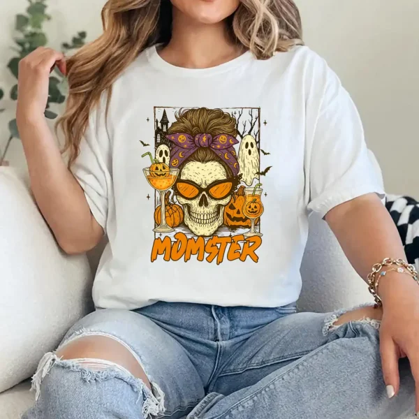 Halloween Vibes Spooky Mom Life Skull Pumpkin Boo Momster T-Shirt - Unisex, Gift for Halloween Day,  Gift for Mama - Image 4