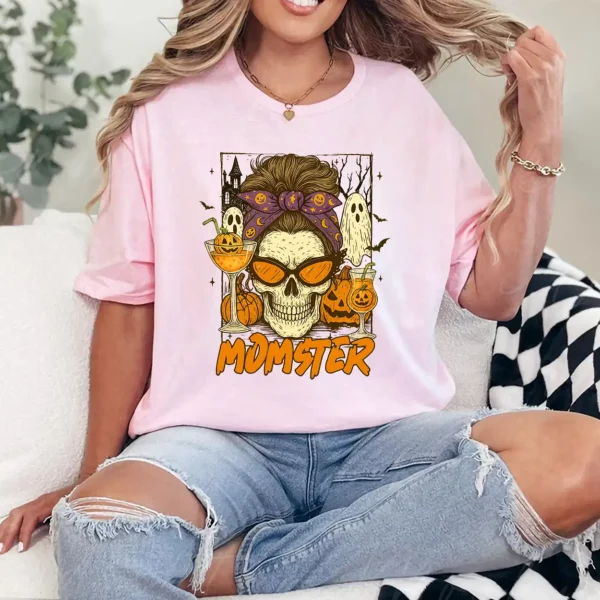 Halloween Vibes Spooky Mom Life Skull Pumpkin Boo Momster T-Shirt - Unisex, Gift for Halloween Day,  Gift for Mama - Image 3