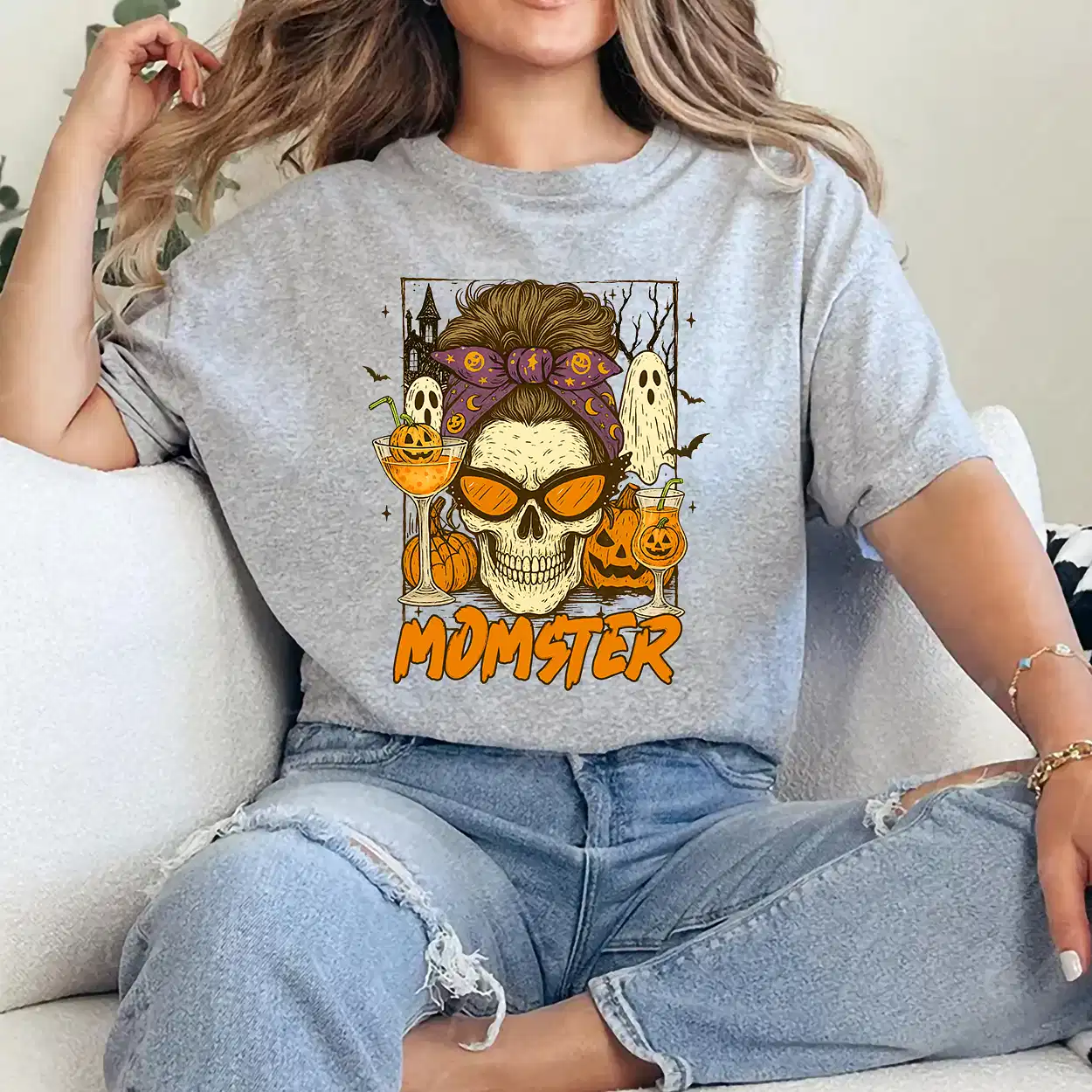 Halloween Vibes Spooky Mom Life Skull Pumpkin Boo Momster T-Shirt - Unisex, Gift for Halloween Day,  Gift for Mama