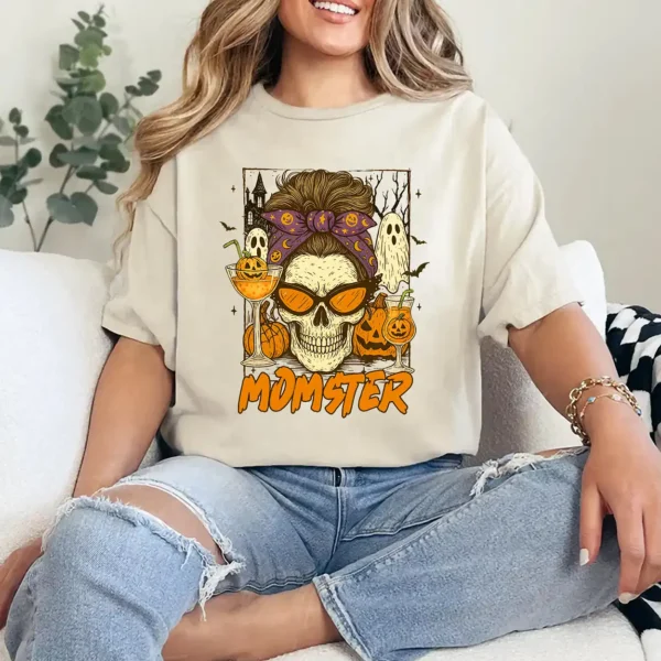 Halloween Vibes Spooky Mom Life Skull Pumpkin Boo Momster T-Shirt - Unisex, Gift for Halloween Day,  Gift for Mama - Image 2