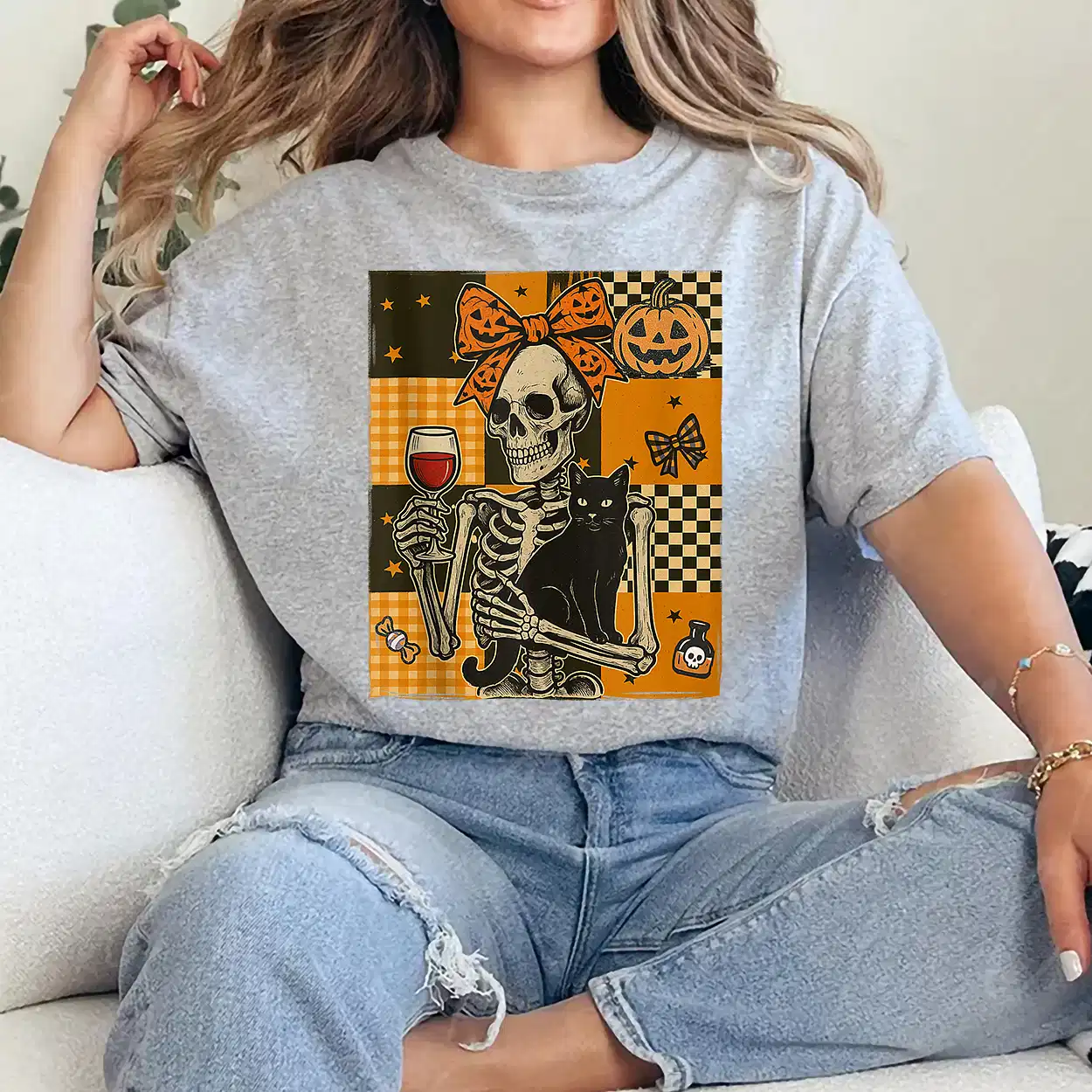 Women Halloween Wine Mama Messy Bun Cat Skeleton Coquette T-Shirt - Unisex, Gift for Halloween Day,  Gift for Mama