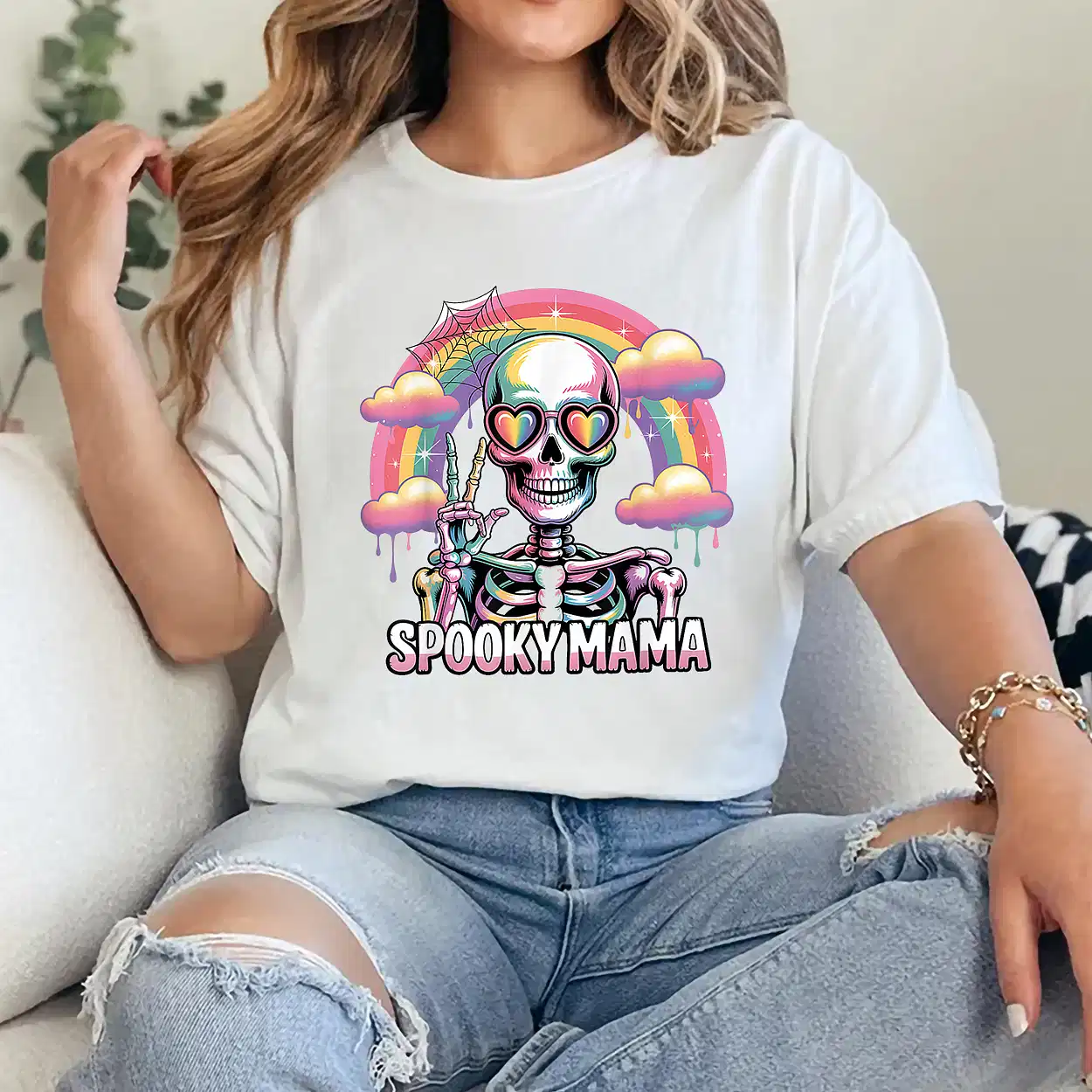 Spooky Mama Rainbow Skeleton Halloween Peace Sign T-Shirt - Unisex, Gift for Halloween Day,  Gift for Mama