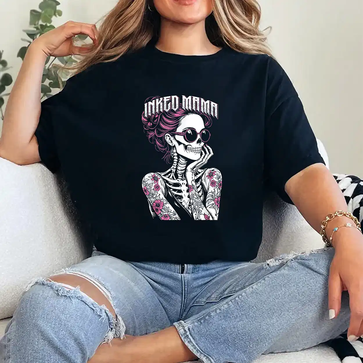Inked Mama Messy Bun Gothic Cute Skeleton Tattoo Mom Ink T-Shirt (3)- Unisex, Gift for Halloween Day,  Gift for Mama