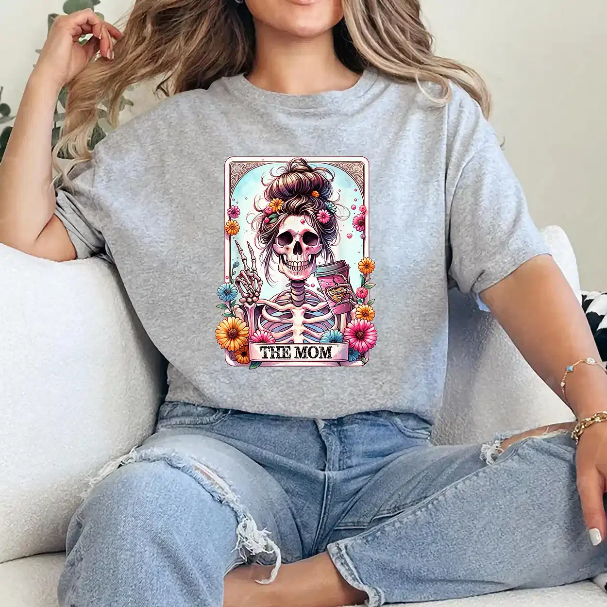 The Mom Funny Tarot Card Messy Bun Coffee Skeleton Mama T-Shirt - Unisex, Gift for Halloween Day,  Gift for Mama