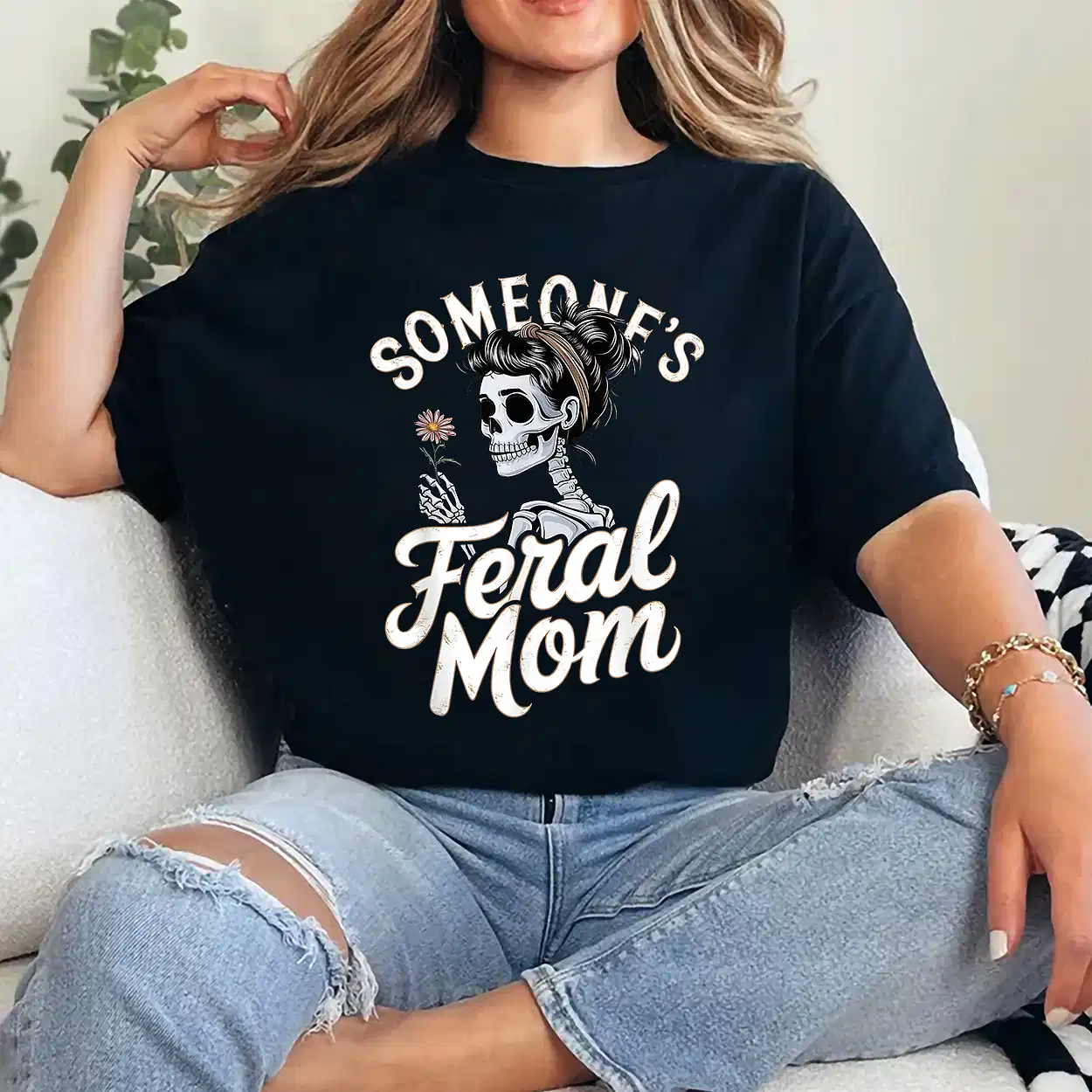 Someone's Feral Mom Skeleton Wildflower Skull Halloween T-Shirt - Unisex, Gift for Halloween Day,  Gift for Mama