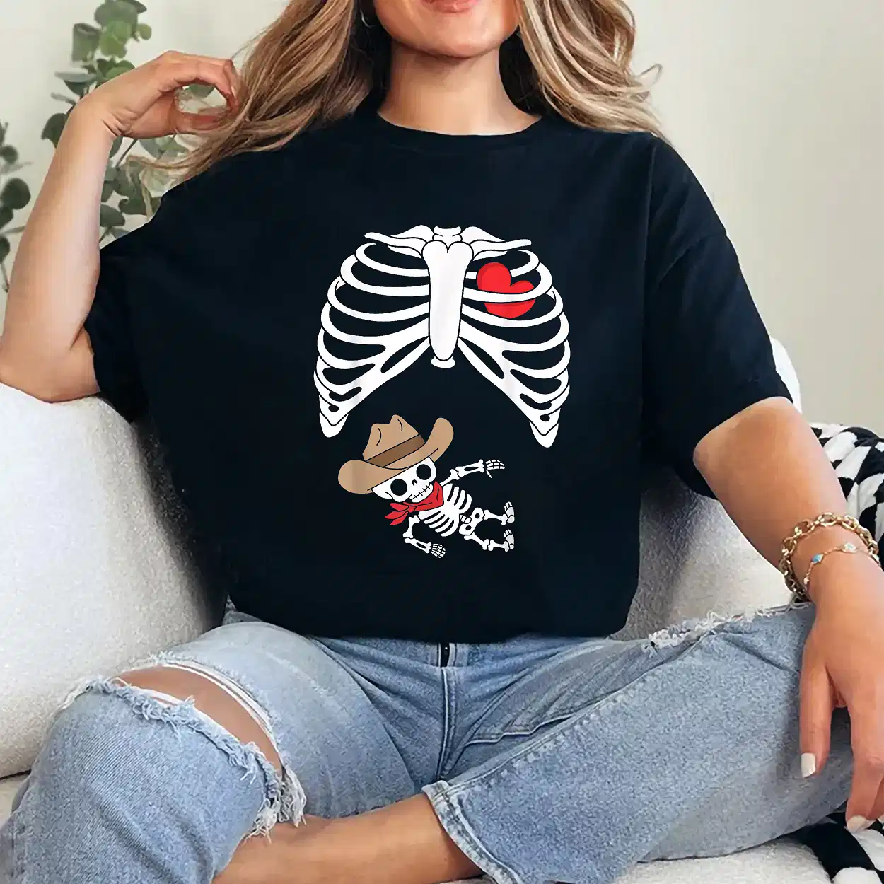 Baby Pregnancy Halloween Skeleton Xray Cowboy Boy Pregnant T-Shirt - Unisex, Gift for Halloween Day,  Gift for Mama