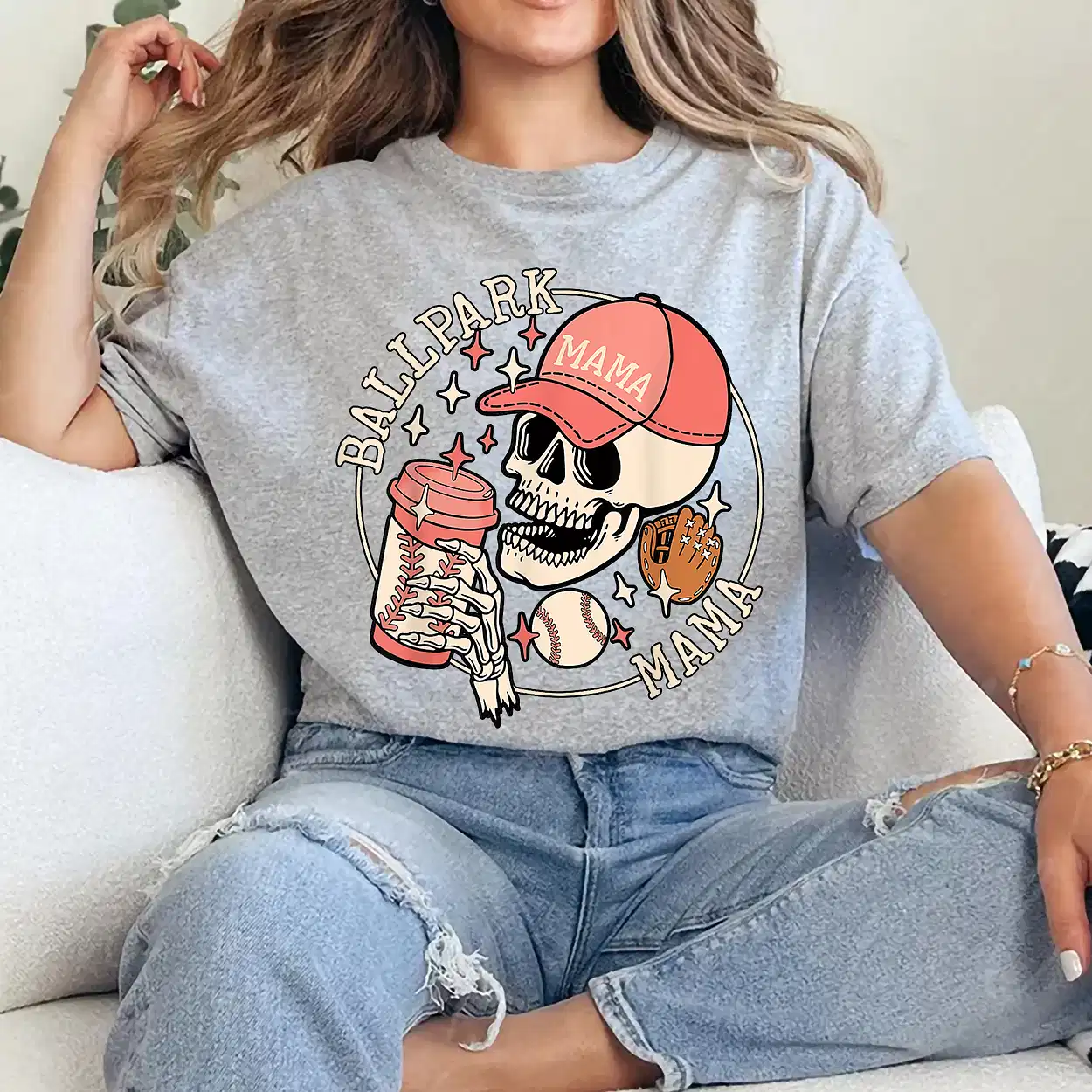 Ballpark Mama Mom Skull Funny Baseball Halloween T-Shirt - Unisex, Gift for Halloween Day,  Gift for Mama