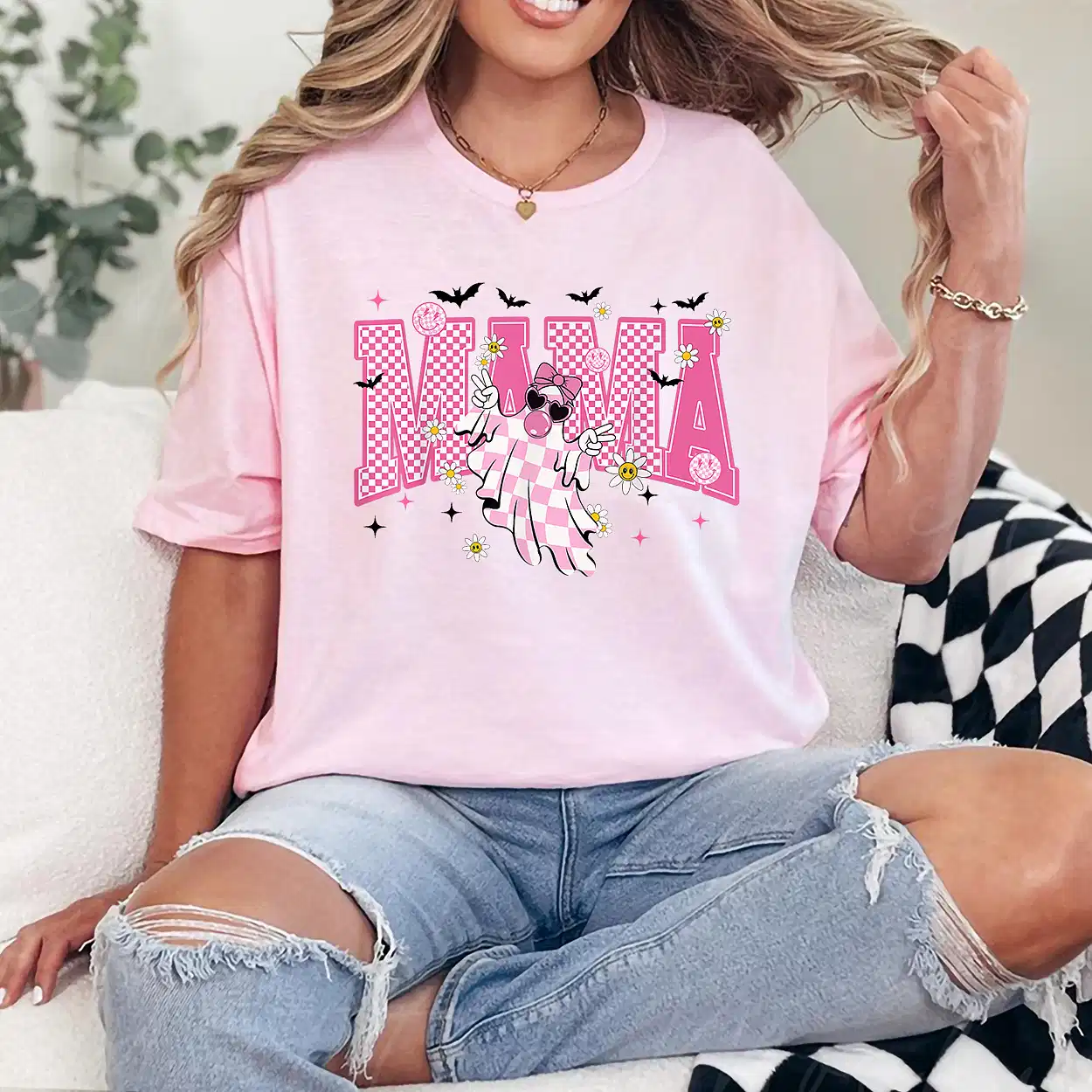 Mama Halloween Cute Ghost Trendy Checkered Pink Men Women T-Shirt - Unisex, Gift for Halloween Day,  Gift for Mama