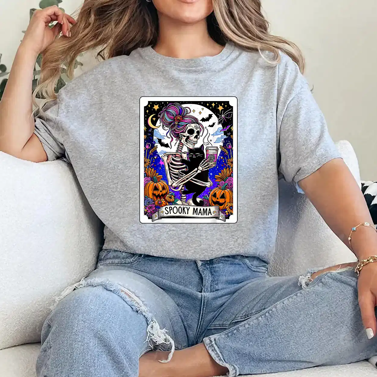 Spooky Mama Tarot Card Halloween Mom Skull Mama Black Cat T-Shirt - Unisex, Gift for Halloween Day,  Gift for Mama